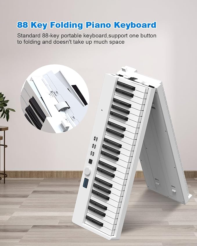 Folding Piano Keyboard 88 Key, Portable Piano Keyboard with Standard Semi Weighted Key, Foldable Piano Support Bluetooth/MIDI with Pedal, Speakers, Ideal for Beginner and Adult