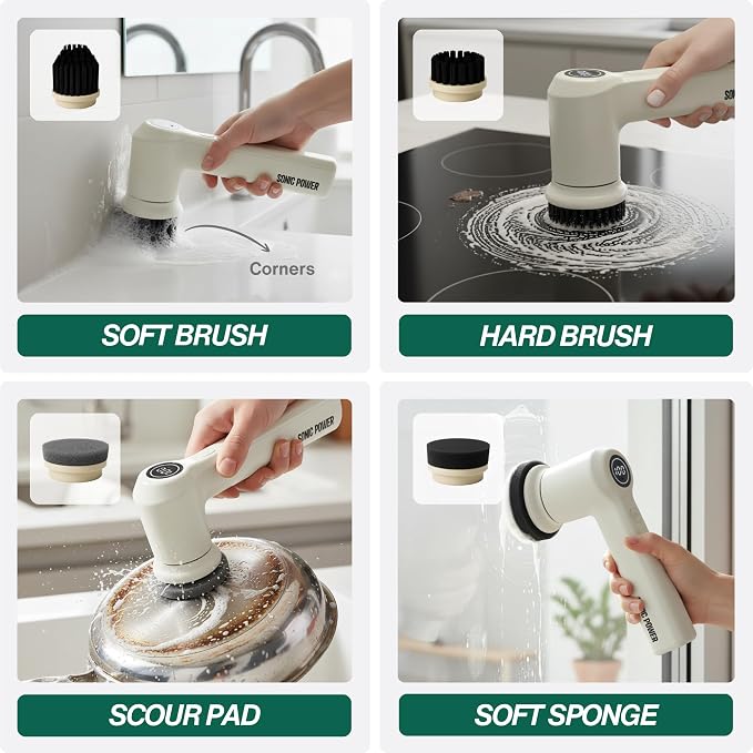 SonicPower Electric Spin Scrubber – Handheld & Ergonomic, IPX7 Waterproof, 4 Multi-Purpose Brush Heads, Long-Lasting Rechargeable Battery – Cleans Dishes, Bathroom, Tile, Grout & Kitchen (Beige)