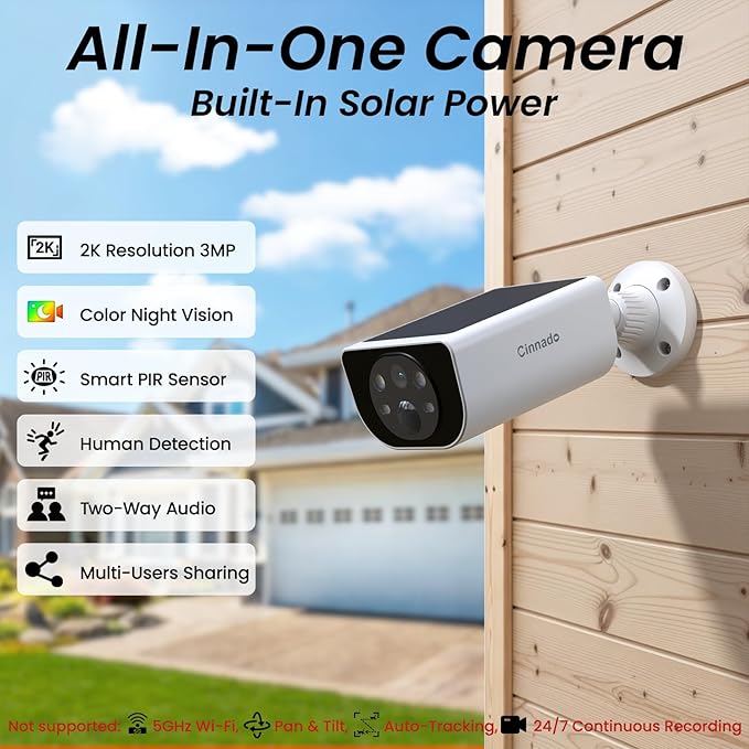 Cinnado Security Cameras Wireless Outdoor-2.4 GHz Wi-Fi Cameras for Home Security, Battery Powered with Built-in Solar Panel, 2K Color Night Vision, Human Detection, TF Card & Cloud Storage, S1 1 Pack