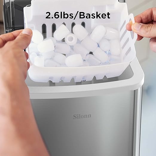 Silonn Countertop Ice Maker Machine, 9 Ice Cubes Ready in 6 Mins, 26 lbs/24 Hrs, Self-Cleaning Portable Ice Maker with Scoop & Basket, 2 Bullet Ice Sizes for Home, Kitchen, Office, Bar, Party