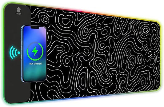 ToLuLu RGB Wireless Charging Gaming Mouse Pad, 7.5/10/15W 10 Light Modes LED Mouse Pad Computer Keyboard Mat Mousepad, 800x300x4MM Extended Large Desk Pad for Gamer, Black and White Abstract Lines
