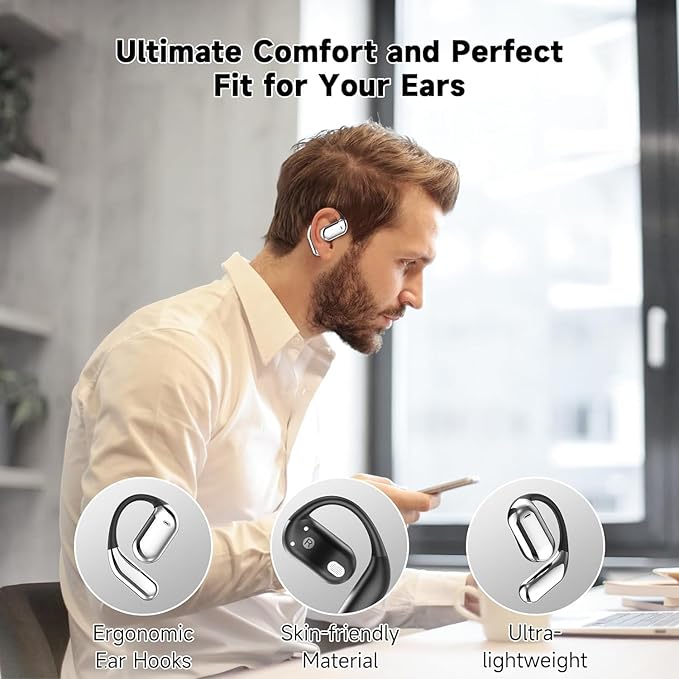 Open Ear Clip Wireless Earbuds Bone Conduction Headphones, Bluetooth 5.4，Built-in Mic, IPX7 Waterproof