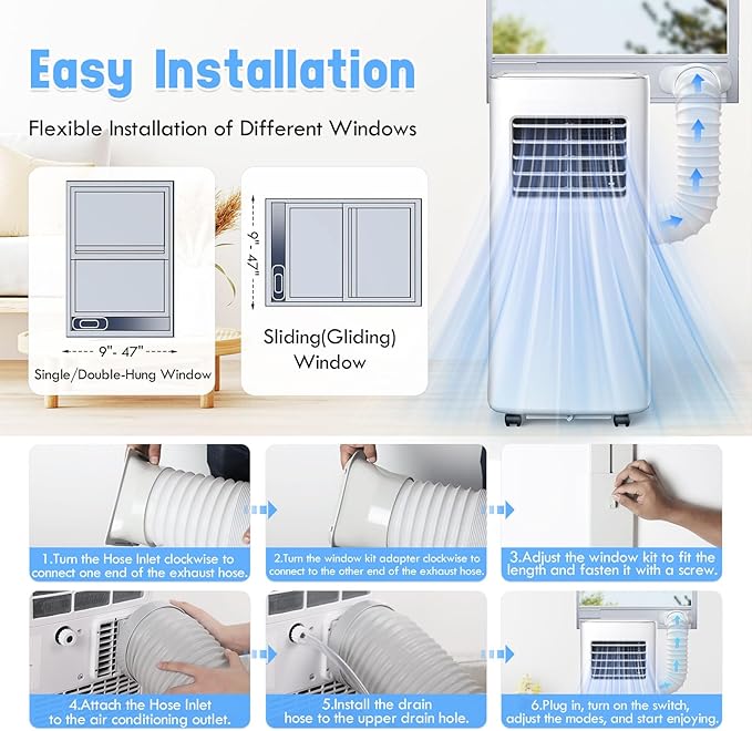 10000 BTU 3-IN-1 Portable Air Conditioner, Cools up to 450 Sq.Ft, Portable AC with Remote, LED Display, 24H Timer, Installation Kits & Screwdriver, No Wall Required, Ideal for Home & Office