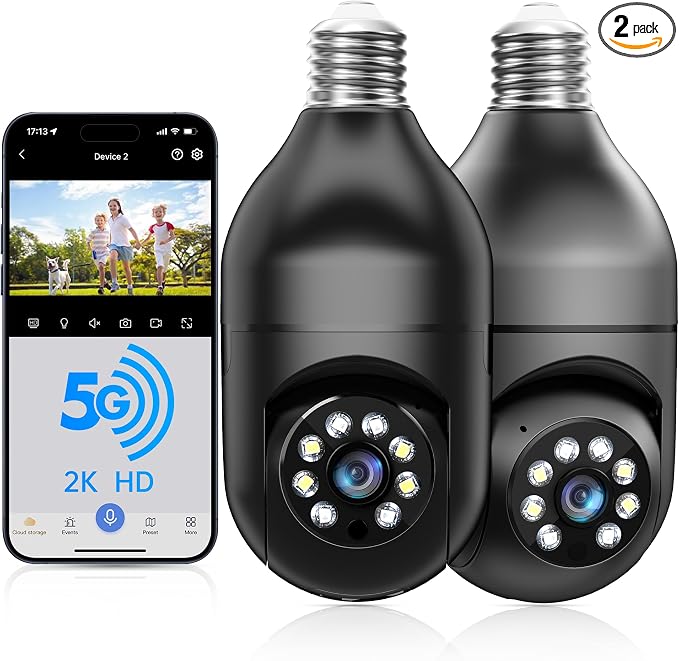 WESECUU Light Bulb Security Camera -5G& 2.4GHz WiFi 2K Security Cameras Wireless Outdoor Motion Detection and Alarm,Two-Way Talk,Color Night Vision,Human Detection, Bulb Camera Compatible with Alexa