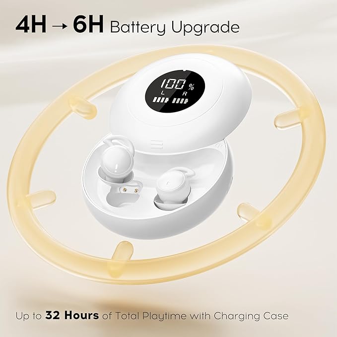 Sleep Earbuds Bluetooth 6.0, Mini Invisible Silicone Sleep Earbuds for Side Sleepers, Noise Blocking Sleeping Headphones, Hidden Earbuds with LED Display for Small Ears, Sleep & Relax - White