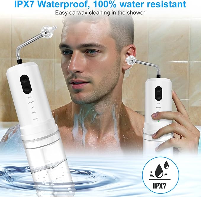 Ear Wax Removal, Electric Ear Irrigation Flushing System, Water Powered Ear Cleaner with 4 Pressure Modes, 6 Reusable Replacement Tips, Safe and Effective Ear Cleaning Tool for Adults (White)