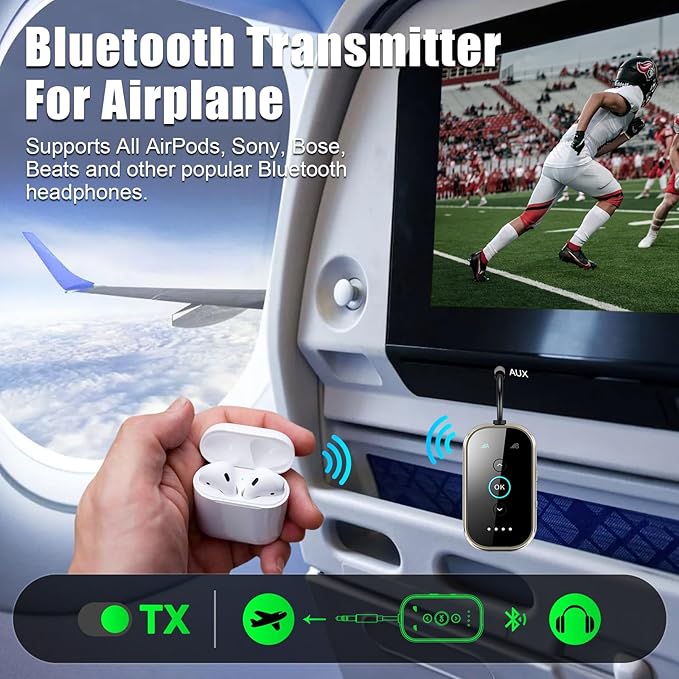 Ultra Bluetooth 5.4 Transmitter Receiver with CNC Metal & Glass – Airplane Bluetooth Adapter with Qualcomm aptX LL/HD, Works with 2 AirPods & Headphones, Wireless Audio Transmitter for Travel/TV/Gym
