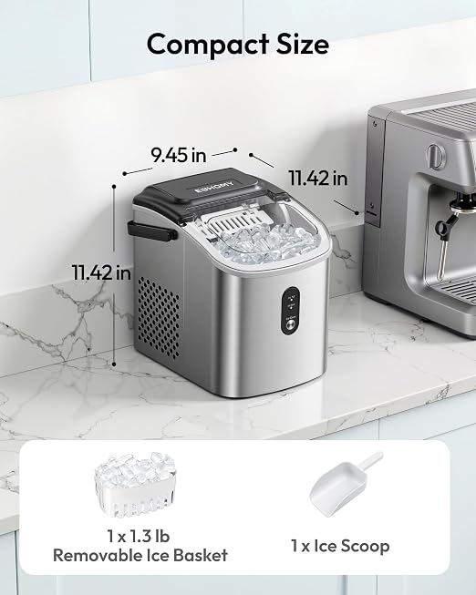 EUHOMY Ice Maker Countertop, Portable Ice Machine with Carry Handle, 26.5lbs Per Day, 9 Cubes in 6 Mins, Auto-Cleaning, with Basket and Scoop, for Home, Kitchen, Camping, RV (Silver)