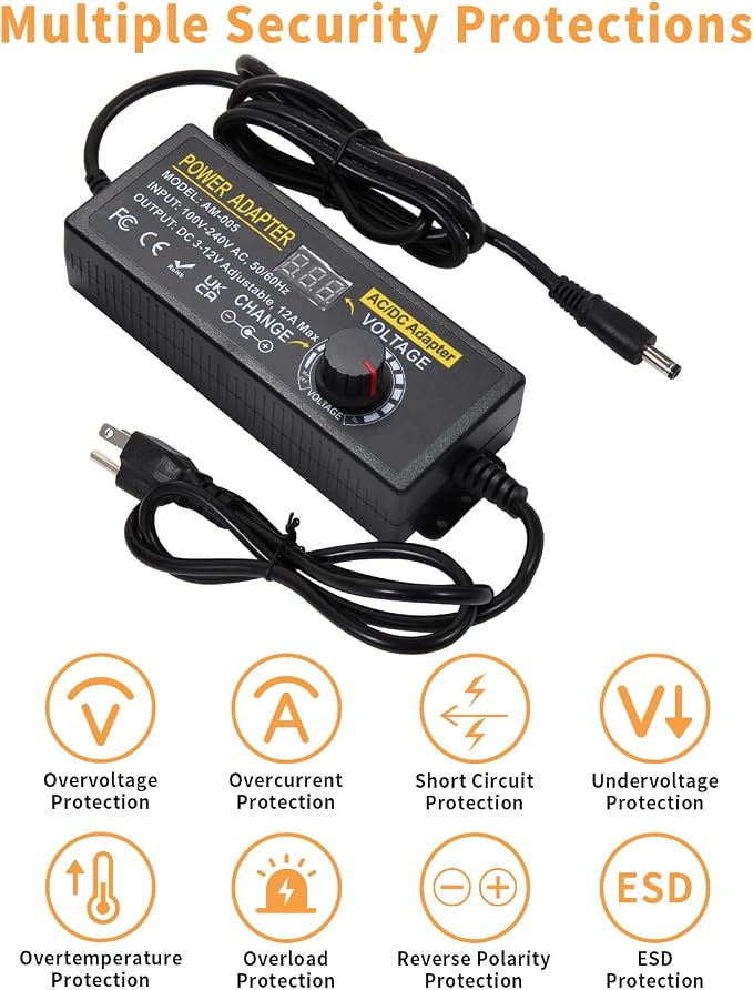 3~12V 12A 144W Adjustable Universal Power Supply Adapter, 3V 4V 5V 6V 7V 8V 9V 10V 11V 12V Variable DC Power Supply with Voltage Display 100V-240V 50-60Hz AC to DC Converter for LED Strip Light Router