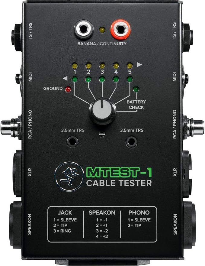 Mackie Cable Tester, 5-Way Switch Battery-Powered Connector Test, Black, (MTest-1)