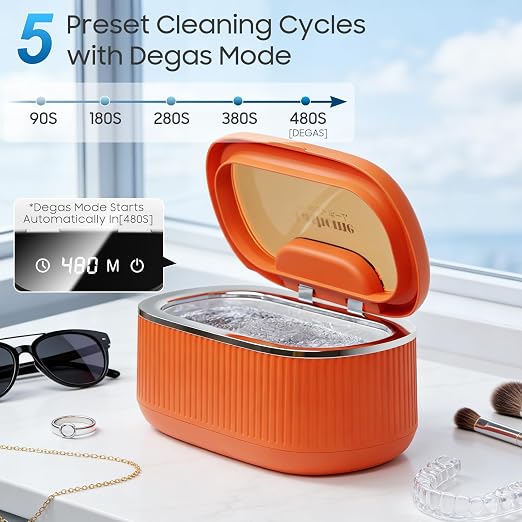 Ultrasonic Jewelry Cleaner, 45kHz Professional Sonic Cleaner Machine for Silver, Glasses, Dentures, 304 Stainless Steel Tank 20oz with 2x100ml Cleaning Solution for Home, Jewelry Store, Dental Care | 45kHz deep cleaning with 3 power 5 timer degas mode ...