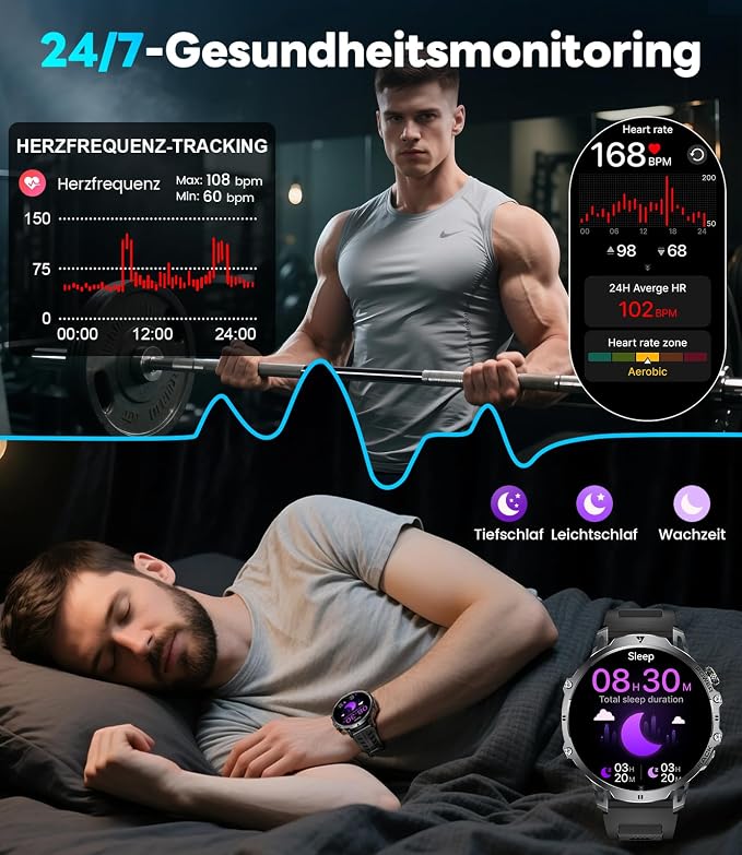 LIGE Military Smart Watches for Men(3 Bands),1000mAh/1.85" HD Large Screen Smartwatch, Flashlight/110+ Sports Modes/IP68 Waterproof/Sleep Monitor, Fitness Tracker Watch for Android iOS,Jet Black