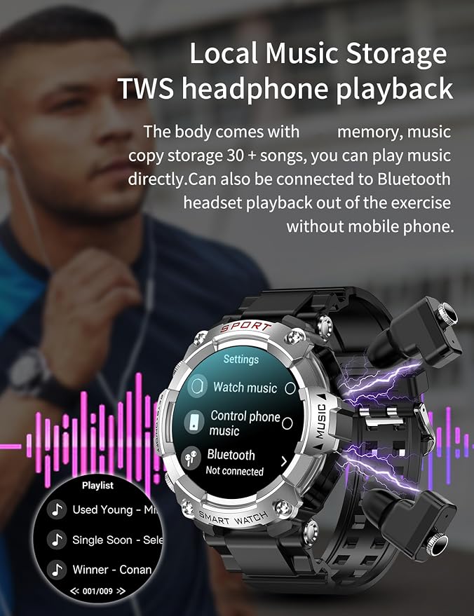 Smart Watch with Earbuds for Men, 1.52 Inch Round Fitness Watch T96, 2 in 1 Bluetooth Watch with Step,Calories, Sports Smart Watch Long Time Standby for iOS & Android