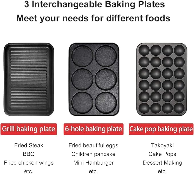 3 in 1 Multifunctional Electric Griddle Electric Skillet Nonstick Baking Maker with 3 Interchangeable Pan Takoyaki Maker Cake Pop Maker Pancake Maker Red