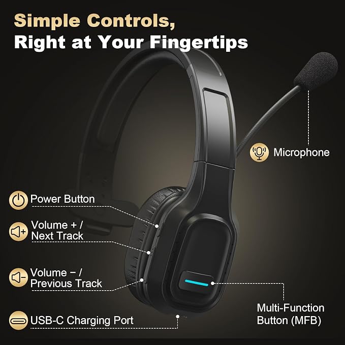 Bluetooth Headset for Truck Drivers, Single Ear Wireless Headphone with Noise Cancelling Mic, Mute Button, Hands-Free Calling, 60H Battery Life for Call Center, Office & Mobile Phone