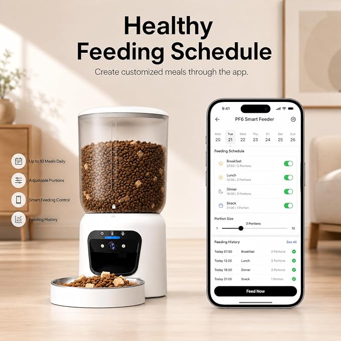 Automatic Cat Feeder with 2K Camera, Smart Pet Feeder with App Control for Cats & Small Dogs, 6L WiFi Automatic Dog Feeder with Night Vision, 2-Way Audio & Motion Alerts