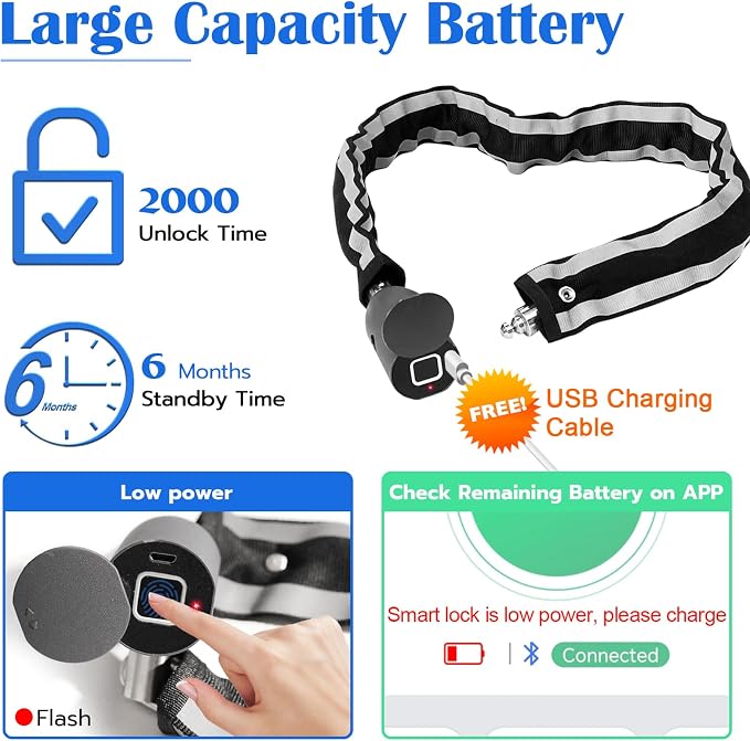 Eseesmart Bike Chain Lock, Fingerprint Bike Locks Heavy Duty Anti Theft, 3.28 Feet Security Bike Locks with APP, Waterproof Smart Cable Lock for Bike, Bicycle, Scooter, Motorcycle, Door, Gate, Fence