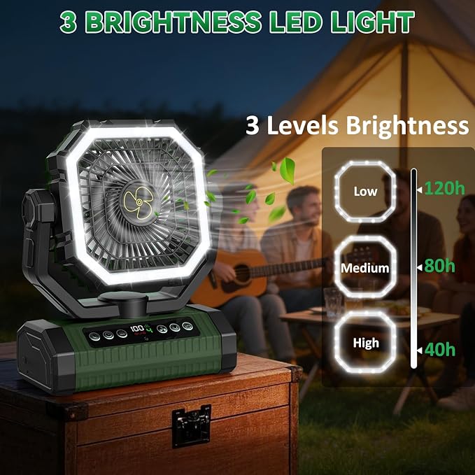 Camping Fan Rechargeable, 24000mAh Battery Powered Fan with Digital Display, 4 Speed Rechargeable Fans Portable with Remote, Cordless Battery Operated Fans with LED Light and Hanging Hook for Tent