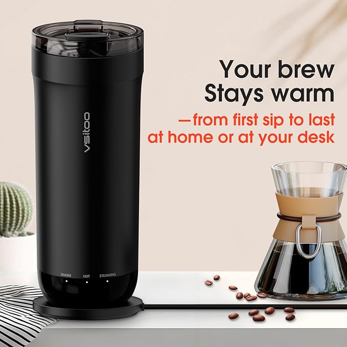 Vsitoo S5 Self Heating Travel Mug 16oz, Rechargeable Coffee Mug with Car Charger Kit, AI Auto-Sensing Temp Control Heated Cup for Home Office Car, App Control, Gift Women Men - Black