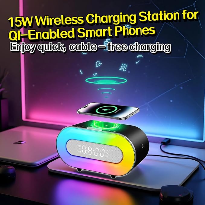 5-in-1 Portable Bluetooth Speaker with Dual Stereo Speakers, RGB LED Atmosphere Table Lamp, 15W Wireless Charging Station, Dimmable Clock, Foldable Phone Stand, Teen Boy Girl Trendy Stuff Gift