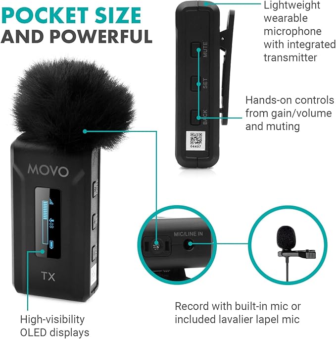 Movo WMX-2-C Wireless Microphone for iPhone 15/16 with Charging Case - 7HR Battery Wireless Lavalier Microphone for iPhone 15/16-328' Range USB C Lapel Mic