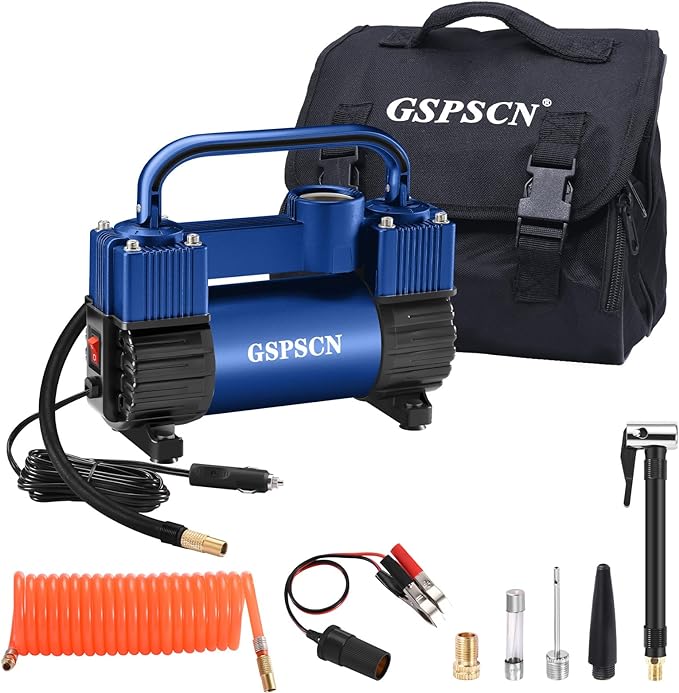 GSPSCN 12V Heavy Duty Tire Inflator Metal Portable Air Compressor Pump | 6X Faster Inflation Double Cylinders 150PSI Air Pump with Adapter for Car, RV,Pickup Truck, SUV, Van,Camper, Air Bed,Ball