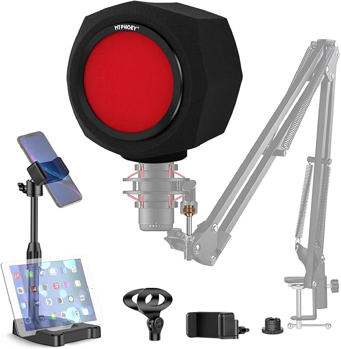 Microphone Windscreen Pop Filter, Recording Shield,Isolation shield Sound-Absorbing Foam Windscreen for Large Mic, Studio Equipment Indoor & Outdoor Recording with Gift Mic Stand&Phone Holder