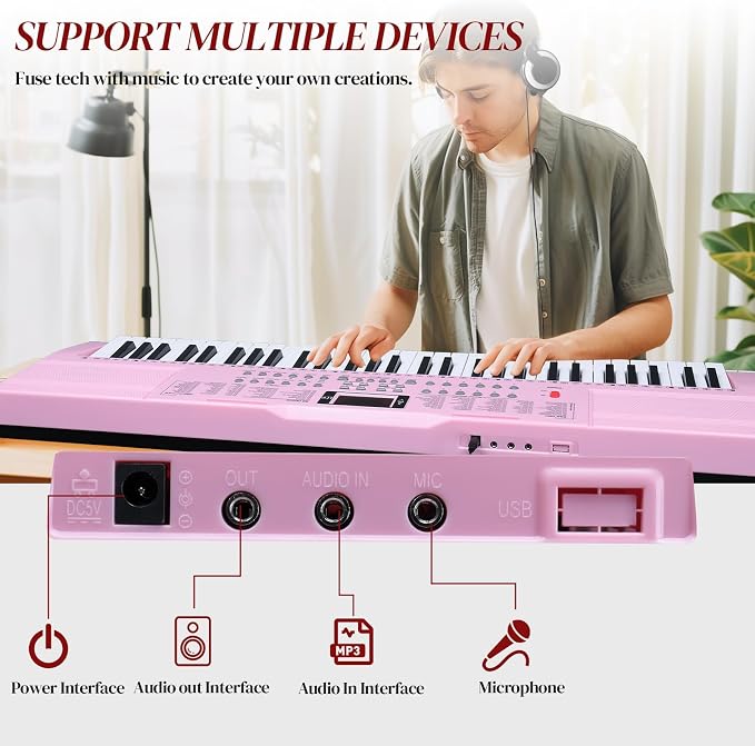 Ktaxon 61 Key Keyboard Piano Electric Keyboard w/Lighted Keys, Electric Piano Set with Headphones, Microphone, Music Rest, Power Adapter, Stand, Piano Bench and Manual (Full-Pink)