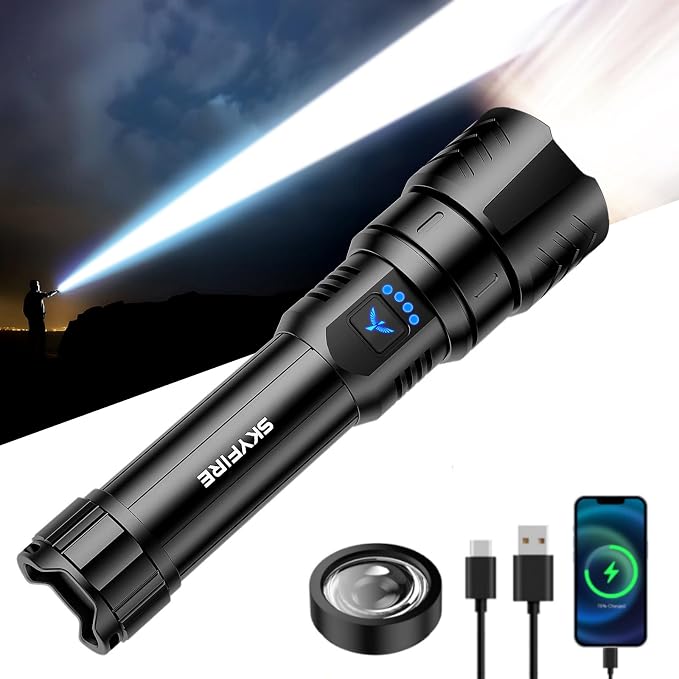 SKYFIRE Flashlight with Ignition Lens,5000mAh Rechargeable Flashlights High Lumens Super Bright Waterproof Powerful LED Tactical Flash Light for Camping Essentials Outdoor Home&Gifts
