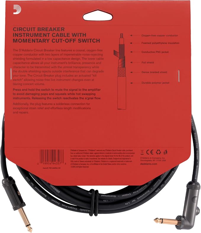 D’Addario Accessories Custom Series Circuit Breaker Guitar Cable - Momentary Kill Switch Instrument Cable with ¼ Inch Ends - On/Off Switch for Silent Instrument Changes - Right Angle, 20 feet