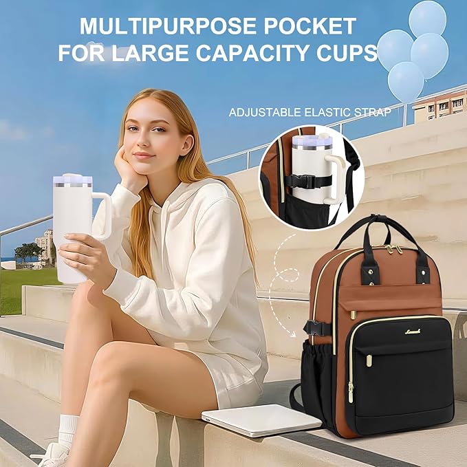 Women Laptop Backpack College Bookbag: 15.6 inch Backpacks with Pouch Pocket for Large Capacity Cup Travel Waterproof Book Bag Anti-theft Casual Work Bookbags for Teacher Nurse Black Brown