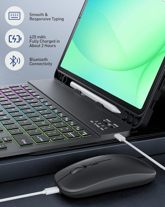 Keyboard Case for Samsung Galaxy Tab A11 Plus 11 Inch 2025 / A9+ Plus 2023 Tablet, Detachable Rainbow Backlit Wireless Keyboard and Mouse, Slim Stand Cover with S Pen Holder (Black)