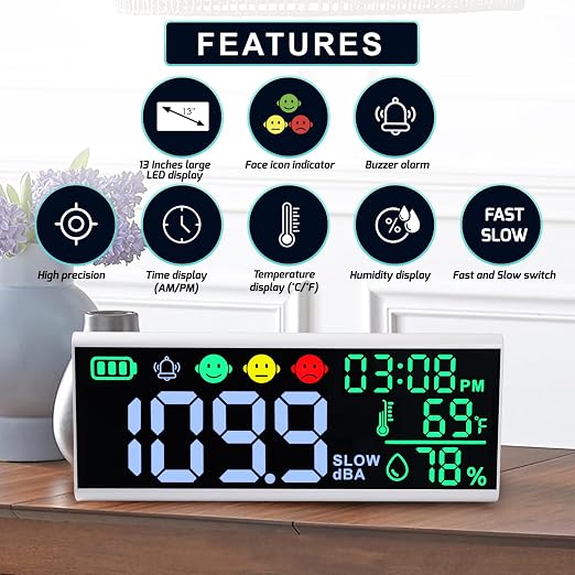 Decibel Meter 13" Sound Decibel Meter Display Time Temperature Humidity, Wall Mounted and Desktop Sound Level Meter with Buzzer Alarm Icons Indicator, Noise Meter for Classroom, Studio, Home, etc.