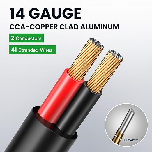 14 Gauge Speaker Wire 500 Feet CL3 Related CCA Black Cable with 2 Conductors for Outdoor Direct Burial Backyard Garden Home Car in-Wall Speaker