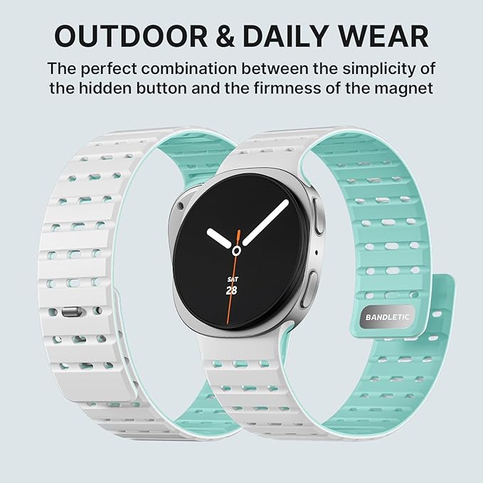 Bandletic Magnetic Silicone Band Compatible with Samsung Galaxy Watch 8 40mm 44mm / Watch 8 Classic 46mm 2025, No Gap Soft Breathable Replacement Strap for Men Women, White/Turquoise