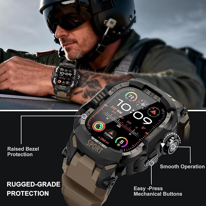 DABAOZA Rugged Case with Band Screen Protector Compatible with Apple Watch 49mm, for iWatch Ultra 3/2/1,Military Grade Shockproof Bumper and Men's Tactical Heavy Duty Strap(Desert Tan,49MM)