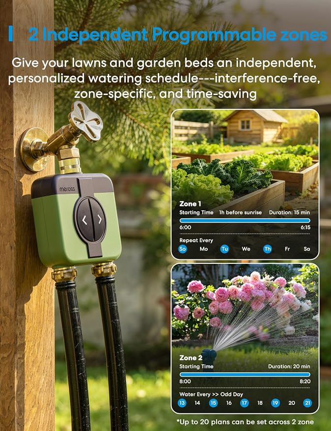 meross WiFi Water Timer for Garden Hose, 2 Zone WiFi Hose Timer with Brass Inlet and Outlet, WiFi Sprinkler Controller, Rain Delay, Smart Water Valve for Garden, Lawn & Yard, Hub Required