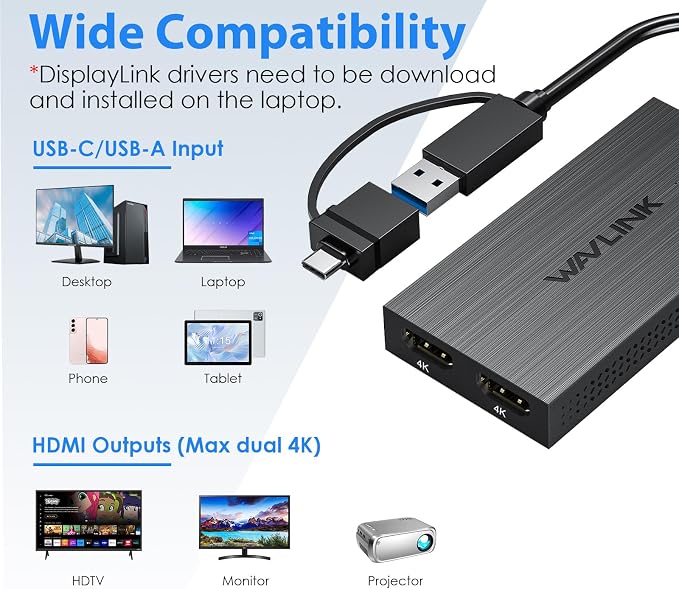 WAVLINK USB 3.0 & USB C to Dual HDMI Adapter 4K@60Hz for 2 Monitors, DisplayLink USB C HDMI Adapter for Dual Monitor, for Mac M1-M5/Neo, Windows, ChromeOS, Ubuntu