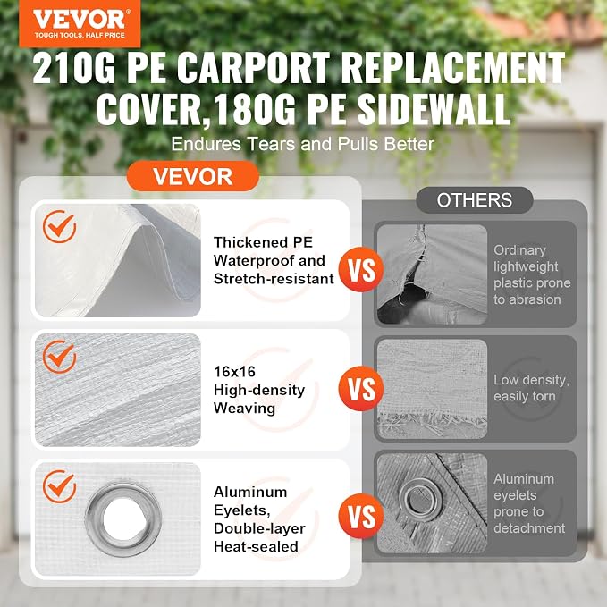 VEVOR Carport Replacement Canopy Top Cover + Sidewall 10 x 20 ft, Garage Tent Shelter Tarp Heavy-Duty Waterproof & UV Protected, Easy Installation with Ball Bungees,White (Frame Not Included)