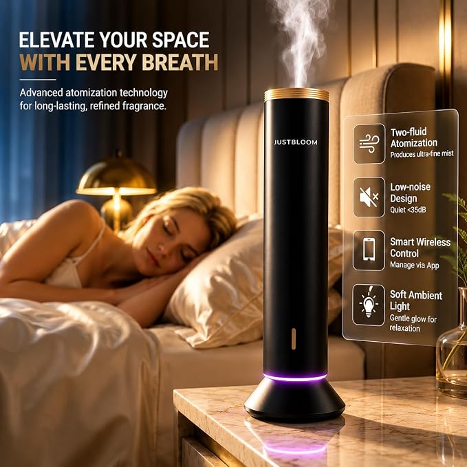 JustBloom Waterless Essential Oil Diffuser, 4000 Sq Ft, App Control, Black | 360° diffusion nozzle, 3-color ambient light, 5000mAh battery and tip-over protection for large rooms, home and office.