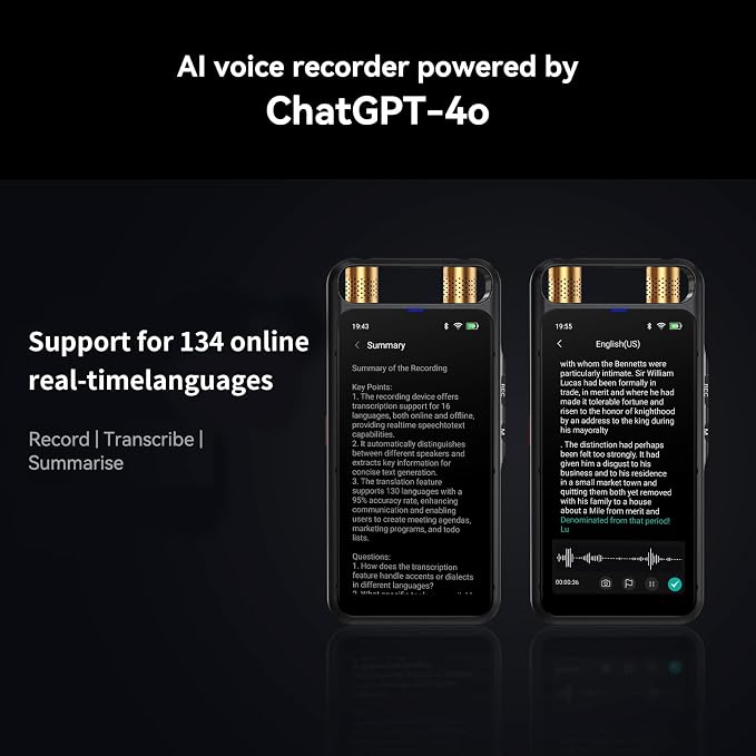 AI Voice Recorder with Playback, Digital Voice Recorder with Transcription to Text, Summary, Translation, Full Touchscreen Recorder Device for Meetings