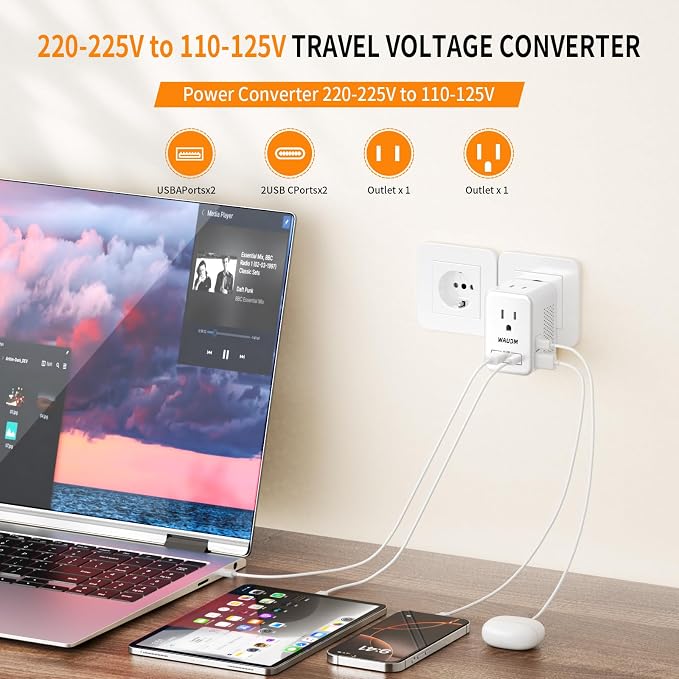 International Travel Adapter Voltage Converter to Step Down 230V to 120V for Hair straighteners, laptops, Cell Phones, Power converters from USA to UK, Europe, Australia Over 200