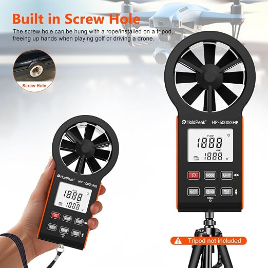 HOLDPEAK Handheld Anemometer, Digital Wind Speed Meter for HVAC, Drone Flying, Sailing & Weather Monitoring, Portable Air Flow Tester with Backlight, Rechargeable Battery, and Auto Shut-Off