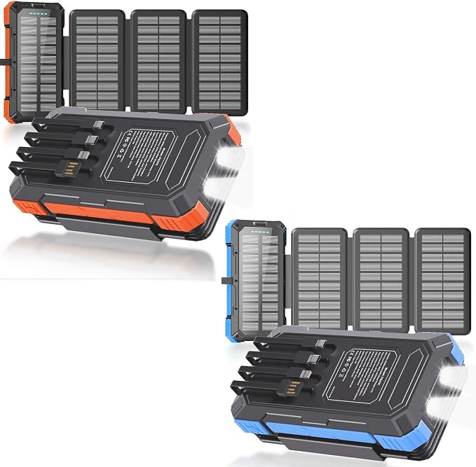 Power Bank 2 Pack, Portable Charger +Solar Battery Pack with 4 Built-in Cables & 4 Foldable Panels for Outdoor Camping