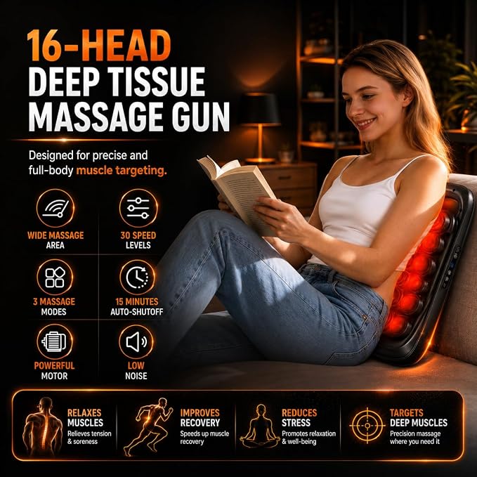 16 Head Massage Gun Deep Tissue - Multi Head Massagers for Back Pain Relief, Neck Shoulder, Leg and Foot Muscle Relaxation - 3 Modes & 30 Intensities, Portable Quiet Percussion Massager