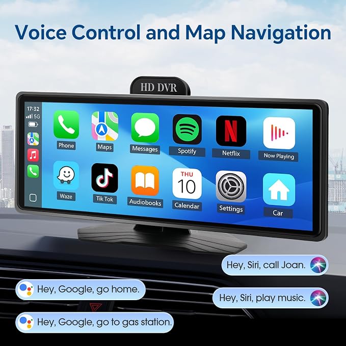 Haudio Portable Wireless Carplay Car Stereo, 10.26" HD Touchscreen for Car with CarPlay & Android Auto with Backup Camera, GPS, Bluetooth, Voice Control, Mirror Link, FM, AUX, Universal Fit