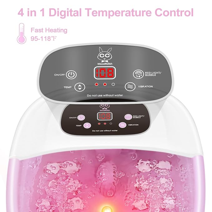 MoodRelish Foot Spa Bath Massager with Heat Bubbles and Vibration Massage and Jets, 16 OZ Calming Lavender Foot Soak Epsom Salt, Foot Soaker with Red Light, 22 Massage Rollers, Adjustable Temp - Pink