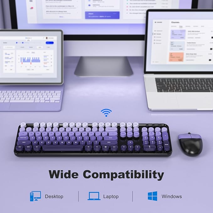 Wireless Keyboards and Mouse Combos, SQMD Colorful Typewriter Keyboard with Round Keycaps, 2.4GHz USB Retro Wireless Keyboard Mouse for PC, Desktop, Laptop and Computer-Purple