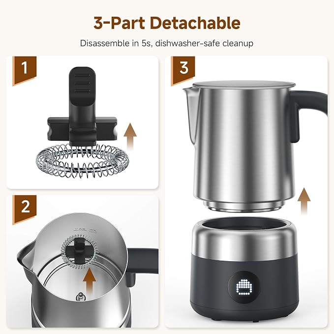 Milk Frother and Steamer [Upgraded], AMZCHEF All-in-1 Detachable Frother for Coffee 600W, Automatic Warm and Cold Foam Maker, Stainless Steel Jug, Dishwasher Safe, LED Display