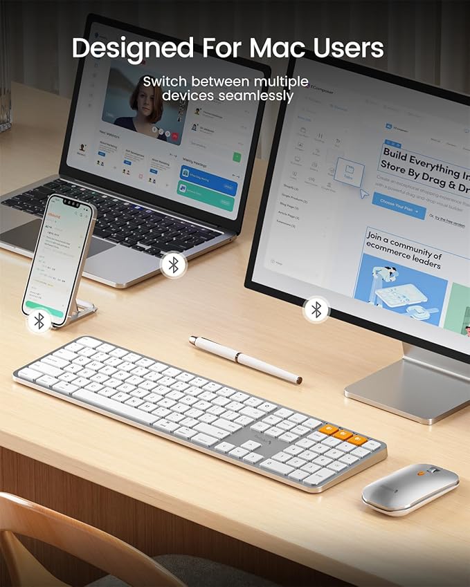 ProtoArc Backlit Bluetooth Keyboard and Mouse for Mac, KM100-A Full Size Wireless Keyboard Mouse for Mac, Multi-Device, Rechargeable, No USB, for MacBook Pro/Air, iPhone, iPad, White Silver
